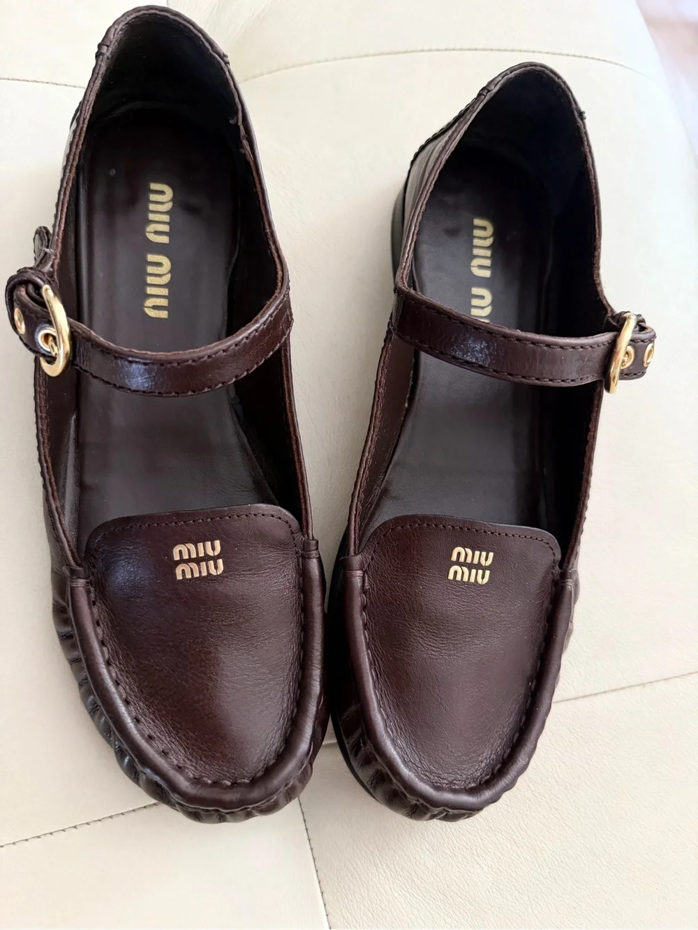 Miu Miu Dark Brown Leather Mary Jane Loafers with Gold Buckle